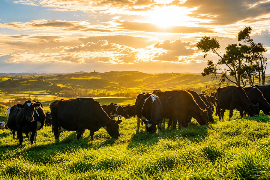 Cattle grazing on open green pasture in New Zealand, the grass fed source of the micro crystalline hydroxyapatite in Crown tooth powder.