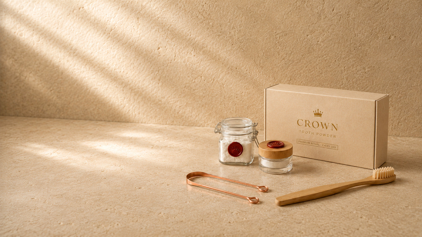 Crown Tooth Powder: a glass swing-top jar with a burgundy wax crown seal beside its gold-embossed box