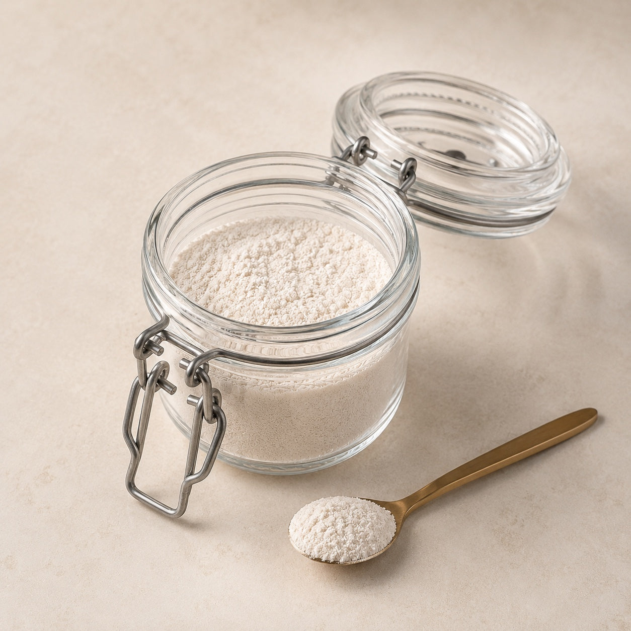 An open glass jar of tooth powder beside a brass spoon holding a small scoop of the powder on a warm neutral surface