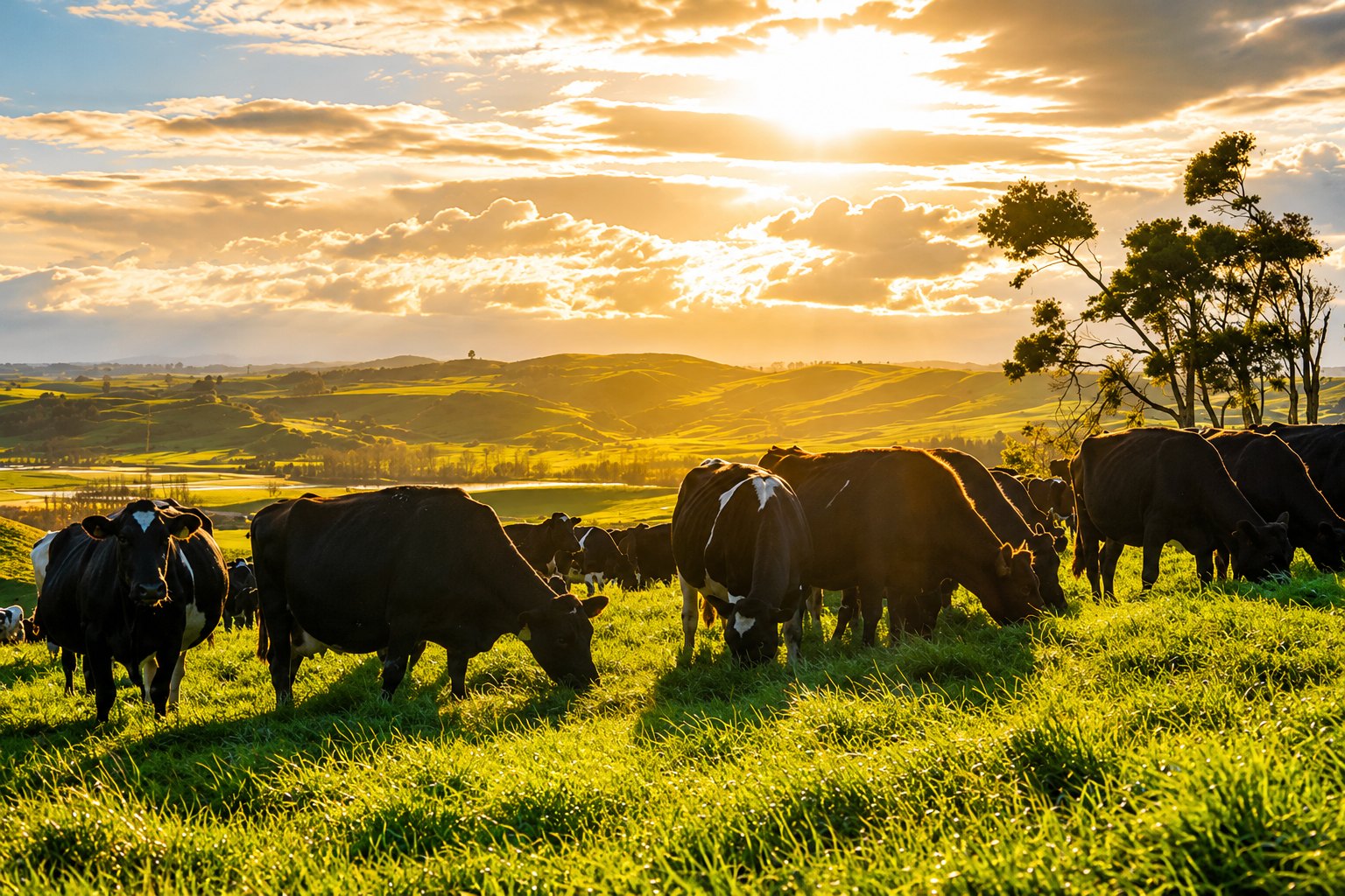 Cattle grazing on open green pasture in New Zealand, the grass fed source of the micro crystalline hydroxyapatite in Crown tooth powder.