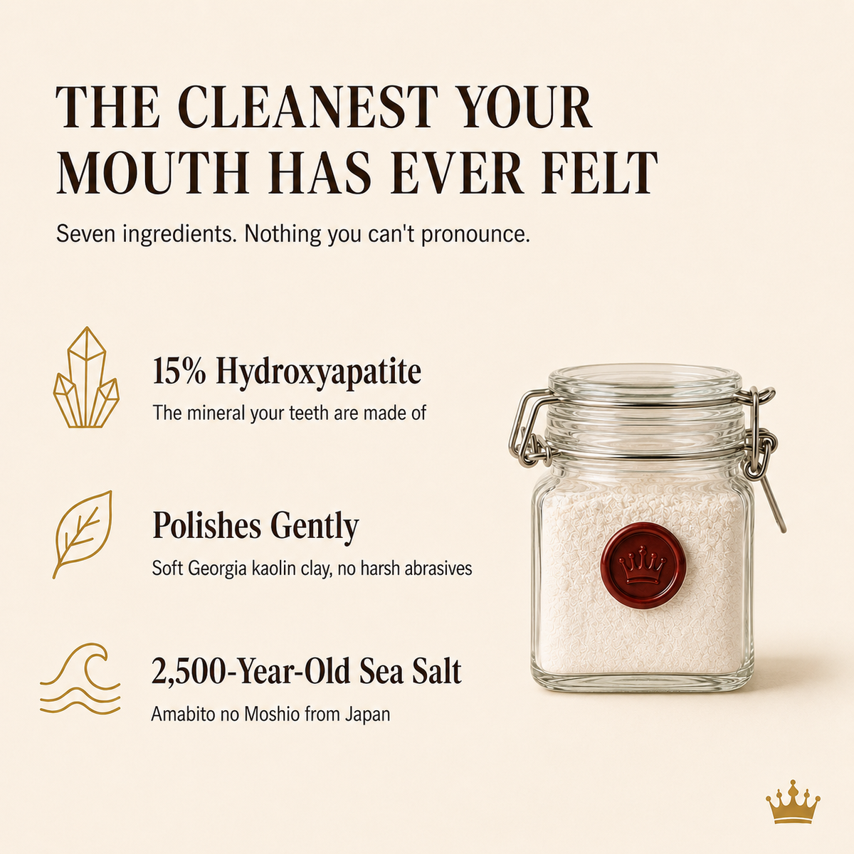 Glass jar of Crown tooth powder with a red wax crown seal