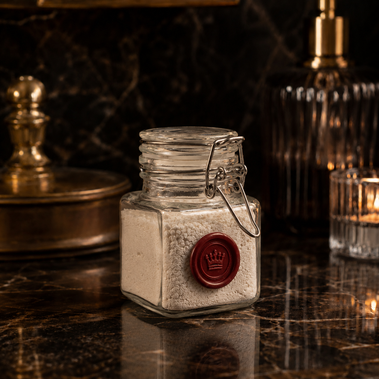 Crown Tooth Powder jar with a burgundy wax crown seal on a dark marble counter with brass bathroom fixtures