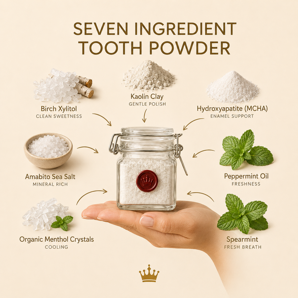 The seven ingredients in Crown tooth powder shown around a hand held glass jar