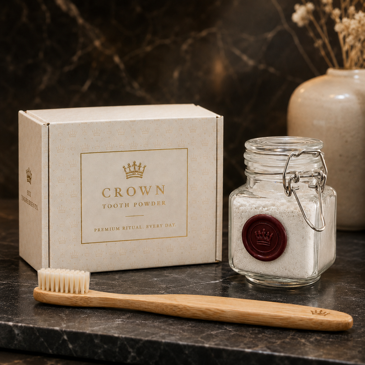 Crown Tooth Powder box beside a glass swing-top jar of powder with a burgundy wax crown seal on dark marble