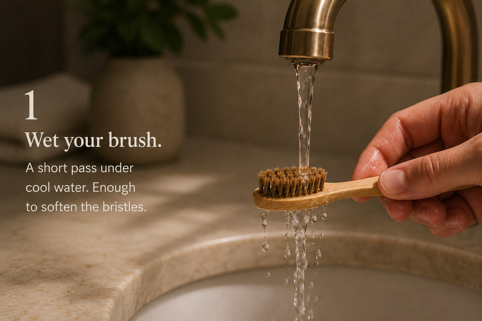 Step 1, wet your brush. A bamboo toothbrush held under running water from a brass faucet, a short pass under cool water to soften the bristles.