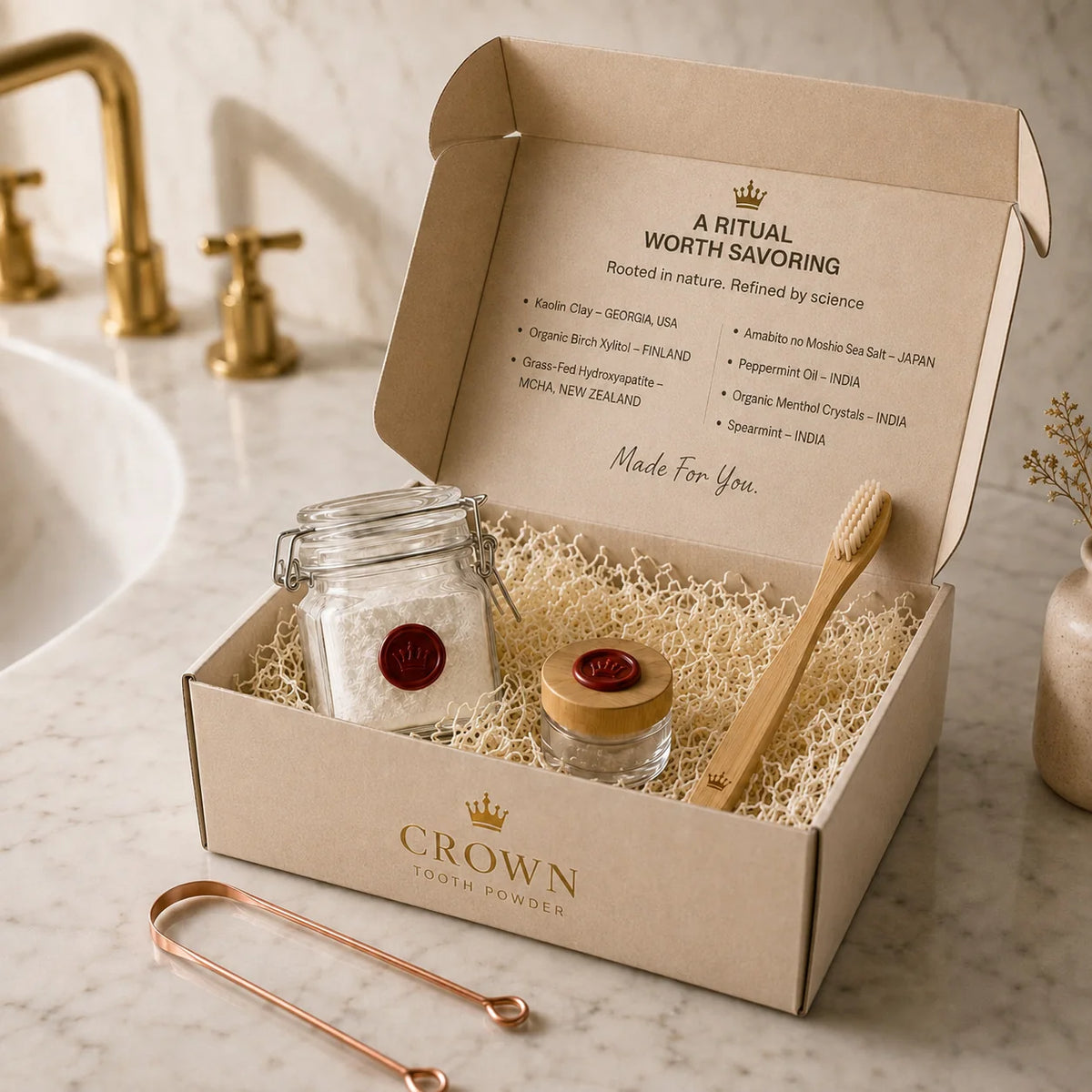 Crown welcome kit box open with wax sealed jar, travel jar, bamboo toothbrush, and copper tongue scraper
