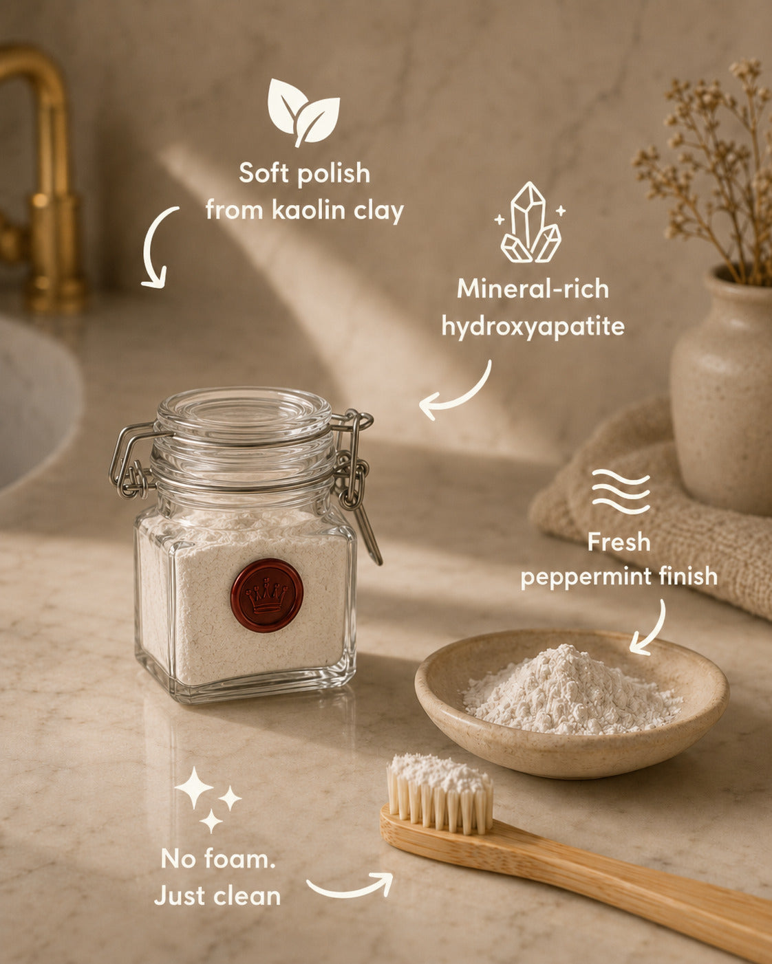 Crown tooth powder jar with bamboo brush and powder bowl, showing kaolin clay polish, hydroxyapatite, and peppermint benefits